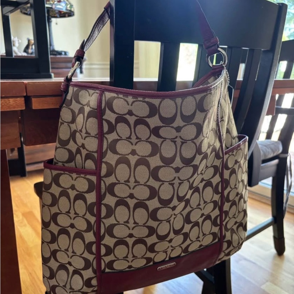 Coach Signature Canvas Shoulder Bag - Brown and Burgundy